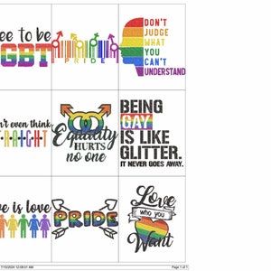 May include: A set of six colorful digital designs featuring rainbow pride flags and slogans such as "Free to be LGBT", "Equality Hurts No One", and "Love is Love".
