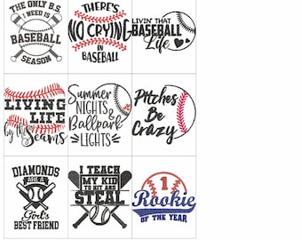 May include: Nine baseball-themed designs with red, black, and blue text on a white background. The designs include phrases like "The only B.S. I need is baseball season", "No crying in baseball", "Livin' that baseball life", "Summer nights & ballpark lights", "Pitches be crazy", "Diamonds are a girl's best friend", "I teach my kid to hit and steal", and "1 Rookie of the year".