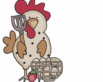 May include: A white chicken with a red comb and wattle holds a wooden spatula. The chicken is standing next to a basket of white eggs and a red strawberry.