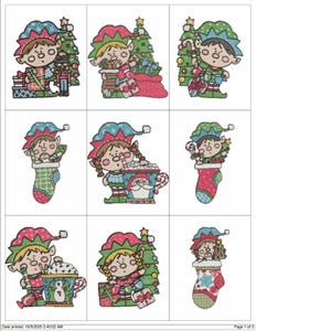 May include: Nine embroidered Christmas designs, each featuring a cartoon elf with a green and red hat. The elf is depicted with a Christmas tree, gifts, a stocking, and a mug of hot chocolate. The designs are in a colourful, whimsical style, perfect for festive projects.