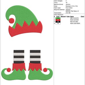 Könnte beinhalten: Ein Stickmuster eines Weihnachts-Elfs mit grünem Hut, roten Stiefeln und schwarz-weiß gestreiften Strümpfen. Das Design ist 9,01 Zoll hoch und 6,21 Zoll breit und verwendet 4 Farben.
