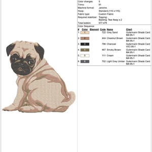 Puede incluir: Una hoja de trabajo de diseño de bordado con una ilustración detallada de un perro pug. El diseño mide 22,51 cm de alto y 22,89 cm de ancho, con 86.147 puntadas y 6 colores. La paleta de colores incluye arena gris, marrón castaño, carbón, marrón ahumado, crema y gris umbrío claro.