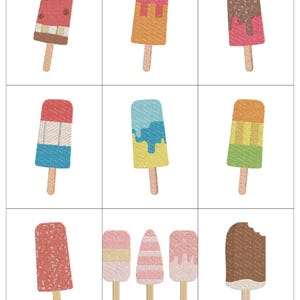 May include: Nine embroidered popsicle designs in various colors, including red, pink, blue, yellow, and brown. Each popsicle has a wooden stick. Some popsicles have sprinkles or a bite taken out of them. The popsicles are arranged in a grid.