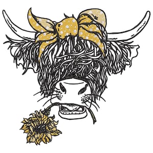 Longhorn Cow with Sunflower Embroidery Machine Design PES HUS DST Jef Exp Vp3 Xxx