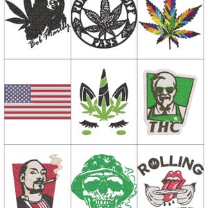 May include: A collection of embroidered patches featuring cannabis-related designs. Includes a Bob Marley portrait, a rainbow cannabis leaf, an American flag, a unicorn with cannabis leaves, and a Colonel Sanders-like figure with "THC". Other patches show Snoop Dogg, a skull, and the Rolling Stones logo.