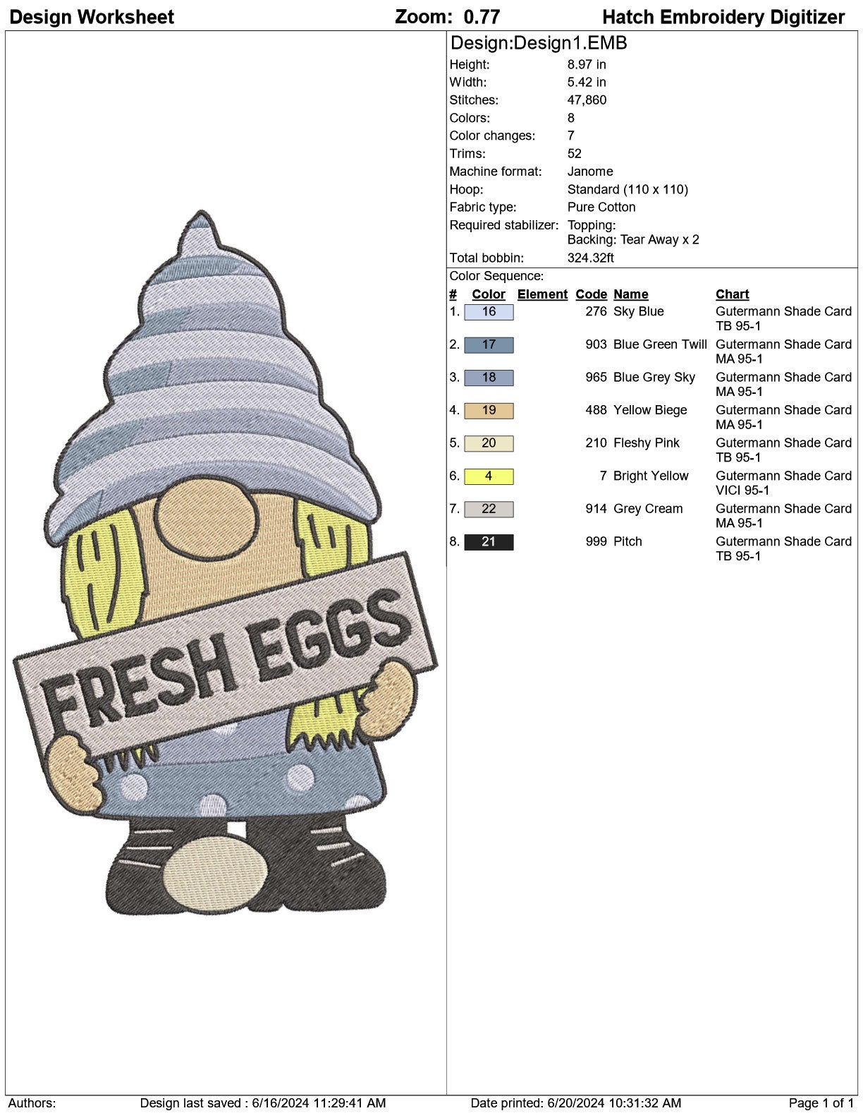 Farm Gnome With Eggs Embroidery Machine Design PES HUS Jef Exp Dst Xxx Vp3