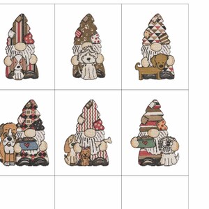 May include: Six different gnomes with various patterns and colors, each holding a different dog breed. The gnomes are all wearing red hats and have white beards. The dogs are all wearing collars.