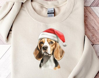 Cute Beagle Santa Hat Sweatshirt | Beagle Mom Christmas Gift Ideas | Beagle Lover Gifts | Beagle Christmas Dog Sweater | Beagle Dog Crewneck
