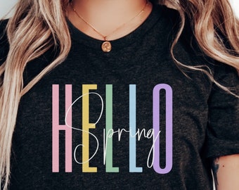 Camiseta fofa da estação da primavera | Camiseta Hello Spring | Camiseta com flores da primavera | Camiseta de Páscoa | Camisetas fofas para mulheres | Camiseta de primavera | Presente para ela
