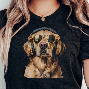 May include: A black t-shirt with a graphic of a golden retriever wearing sunglasses and headphones.