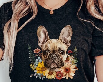 Słodka koszulka z motywem kwiatowym z buldogiem francuskim | Koszulka Frenchie | Koszulka Frenchie Mom | Prezent dla miłośnika psów | Prezent dla mamy psa | Prezent dla miłośnika buldogów