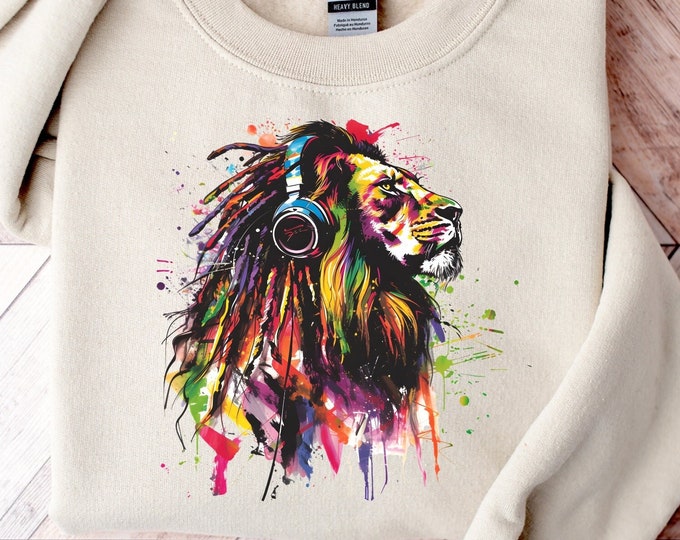 Lion Vibrant Colorful Music Reggae Sweatshirt | Animal Lover | Lion Gift | Gift For Music Lover | Reggae Lion Sweater | Jamaica Sweatshirt