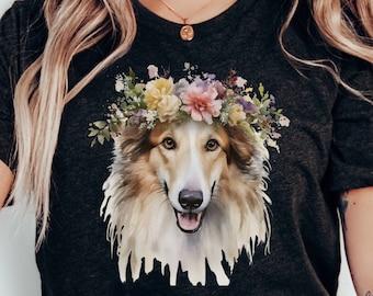 Maglietta con corona di fiori dai colori vivaci Borzoi / Maglietta per amanti dei Borzoi / Maglietta per mamme di cani Borzoi / Regalo per proprietari di Borzoi / Maglietta per salvataggio di levrieri Borzoi