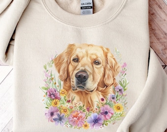 Cute Golden Retriever Flower Sweater | Dog Mom Crewneck | Golden Retriever Gifts | Golden Retriever Sweatshirt | Golden Retriever Flowers
