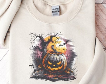 Halloween Vivid Color Sweatshirt | Pumpkin Sweatshirt | Spooky Season Sweater | Skeleton Sweatshirt | Halloween Gift | Halloween Crewneck