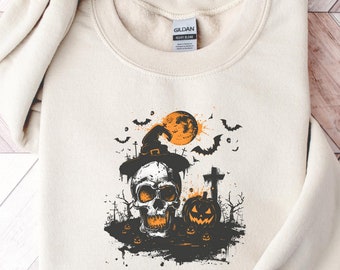 Halloween Vivid Color Sweatshirt | Pumpkin Sweatshirt | Spooky Season Sweater | Skeleton Sweatshirt | Halloween Gift | Halloween Crewneck