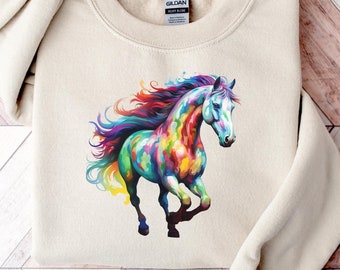 Lebendige Farbe Pferd Sweatshirt | Reiter Geschenk | Pferderennen | Geschenk für Pferdeliebhaber | Aquarell Pferdepullover | Pferdeliebhaber Rundhalsausschnitt