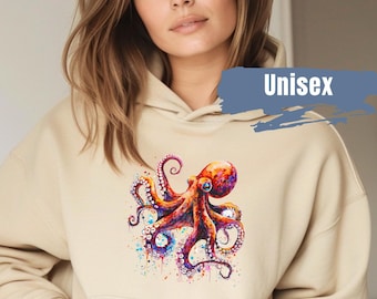 May include: A beige unisex hoodie featuring a colourful watercolour octopus design. The octopus is red, orange, yellow, blue and purple. The design has a splattered paint effect.