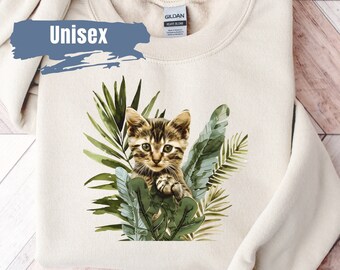 Cute Kitten Leaves Sweatshirt | Cat Lover Sweater | Cute Cat Crewneck | Cat Sweatshirt Gift | Cute Kitten Sweater | Floral Cat Sweatshirt