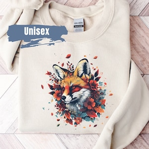 Sudadera con zorro colorido y lindo / Regalo para amantes de los animales estilo cottagecore / Suéter con zorro rojo / Suéter con cuello redondo de naturaleza / Suéter con zorro gráfico para mujer