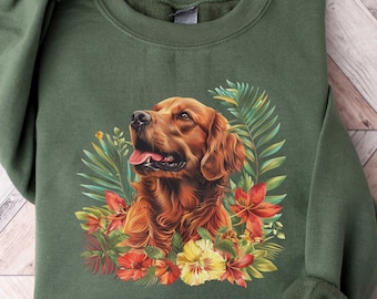 Cute Red Golden Retriever Flower Sweater | Dog Mom Crewneck | Golden Retriever Gift | Golden Retriever Sweatshirt | Golden Retriever Flowers