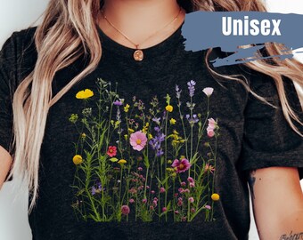 Bonita camiseta con estampado de flores silvestres, camiseta botánica vintage, camiseta con plantas, camiseta con flores naturales, camiseta con estampados florales, regalo para mujer
