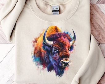 Bison Vibrant Watercolor Sweatshirt | American Buffalo Sweater | Buffalo Sweatshirt | Buffalo Crewneck | Bison Sweater | Western Sweatshirt