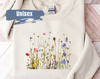 Niedliches Wildblumen Cottegecore Sweatshirt | Geschenk für sie | Pullover mit Blumenmuster | Boho Wildblumen Rundhalsausschnitt | Pastell Blumen Natur Pullover