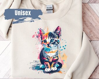 Sweat-shirt aux couleurs vives chaton | Cadeau pour maman chat | Pull chaton | Pull chat | Cadeau meilleur ami | Chemise florale chat | Cadeau pour amoureux des chats