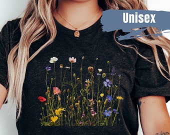 Bonita camiseta con estampado de flores silvestres, camiseta botánica vintage, camiseta con plantas, camiseta con flores naturales, camiseta con estampados florales, regalo para mujer