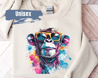 Vibrant Color Monkey Sweatshirt | Chimpanzee Monkey Sweater | Animal Shirt | Monkey Lover Gift | Cute Monkey Crewneck | Monkey Lovers Gift