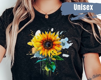 Camisa estilo tinta de girasol / Camisa para amantes de los girasoles / Camisa floral / Camisa botánica / Camisa de girasol / Camisa para ella / Camisa de primavera