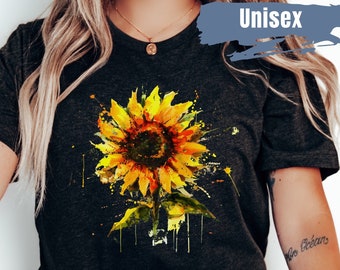 Camisa estilo tinta de girasol / Camisa para amantes de los girasoles / Camisa floral / Camisa botánica / Camisa de girasol / Camisa para ella / Camisa de primavera