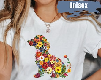 Linda camiseta con flores de Dachshund / camiseta floral de Dachshund / camiseta para amantes de los perros / camiseta para mamá de perro / camiseta floral de mamá Dachshund / camiseta con perro salchicha