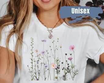 Bonita camiseta con estampado de flores silvestres, camiseta botánica vintage, camiseta con plantas, camiseta con flores naturales, camiseta con estampados florales, regalo para mujer
