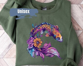 Vibrant Color Koi Fish Sweatshirt | Japanese Crewneck | Japanese Koi Fish Sweater | Koi Carp | Japanese Sweatshirt | Aesthetic Clothes
