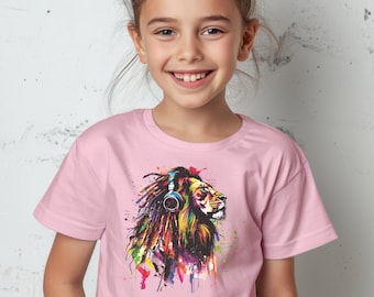 Youth Vibrant Colors Lion Shirt | Kids Lion T-Shirt | Lion Toddler Shirt | Gifts For Kids | Lion Birthday Shirt | Lion Wearing Headphones