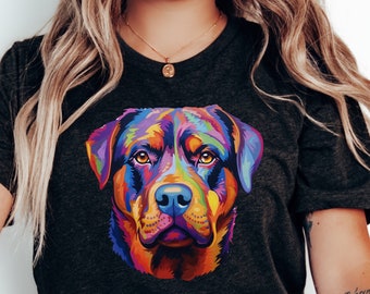 May include: A dark grey t-shirt with a colorful illustration of a Rottweiler dog's face.