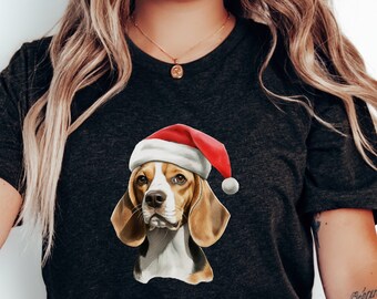 May include: A black t-shirt with a graphic of a beagle wearing a red Santa hat. The beagle is looking at the camera.