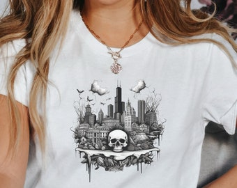 Koszulka z motywem szkieletu z Chicago | Koszulka z czaszką na Halloween | Koszulka z panoramą Chicago | Koszulka z Chicago Lover | Koszulka z okazji Halloween | Koszulka z okazji upiornego sezonu