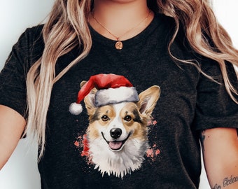 Bonita camiseta navideña con Corgi / Regalo para mamá Corgi / Regalo para amante de Corgi / Camiseta para mamá Corgi / Camiseta Corgi / Regalo de Navidad Corgi / Camiseta con gorro de Papá Noel Corgi
