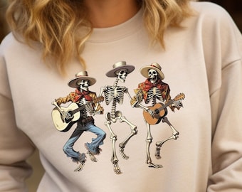 Westerndansande skeletttröja | Rolig Halloween-skeletttröja | Skelettskjorta | Rolig cowboyskelett-rundkrage | Halloween-present