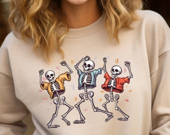Sudadera divertida de esqueleto de Halloween / Camisa de esqueleto / Cuello redondo de esqueleto divertido / Esqueleto bailando / Regalo de Halloween / Sudadera de temporada espeluznante