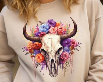 Boho Cow Skull Sweatshirt | Western Boho Sweatshirt | Longhorn Skull Shirt | Western Graphic Sweatshirt | Bull Skull Shirt | Cowgirl Shirt