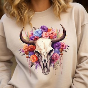 Boho Cow Skull Sweatshirt | Western Boho Sweatshirt | Longhorn Skull Shirt | Western Graphic Sweatshirt | Bull Skull Shirt | Cowgirl Shirt