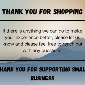 Może przedstawiać: Obraz z tekstem "THANK YOU FOR SHOPPING" na g&oacute;rze i "THANK YOU FOR SUPPORTING SMALL BUSINESS" na dole. Wiadomość pośrodku zachęca klient&oacute;w do kontaktu w przypadku pytań.