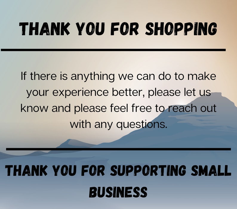 Może przedstawiać: Obraz z tekstem "THANK YOU FOR SHOPPING" na g&oacute;rze i "THANK YOU FOR SUPPORTING SMALL BUSINESS" na dole. Wiadomość pośrodku zachęca klient&oacute;w do kontaktu w przypadku pytań.