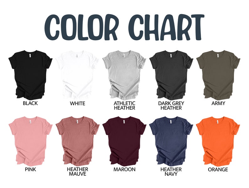 Może przedstawiać: Karta kolor&oacute;w prezentująca r&oacute;żne kolory koszulek, w tym czarny, biały, athletic heather, dark grey heather, wojskowy, r&oacute;żowy, heather mauve, bordowy, heather navy i pomarańczowy. Tekst "COLOR CHART" znajduje się na g&oacute;rze.