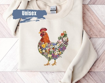 Flower Chicken Sweatshirt, Ladies Chicken Shirt, For Her Farmer Sweatshirt Gift, Chicken Sweater, Floral Chicken, Farm Animal Sweatshirt