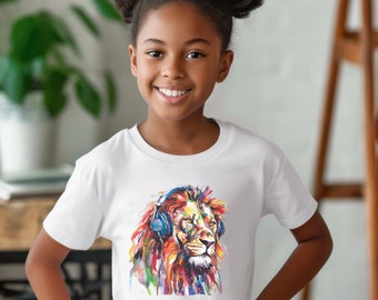 Youth Vibrant Colors Lion Shirt | Kids Lion T-Shirt | Lion Toddler Shirt | Gifts For Kids | Lion Birthday Shirt | Lion Wearing Headphones